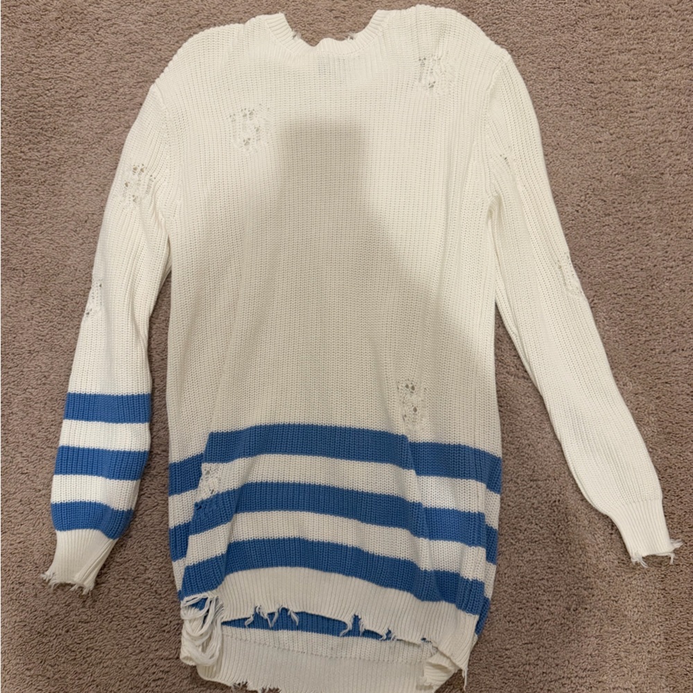 SER.O.YA White and Blue Striped Mini Sweater Dress